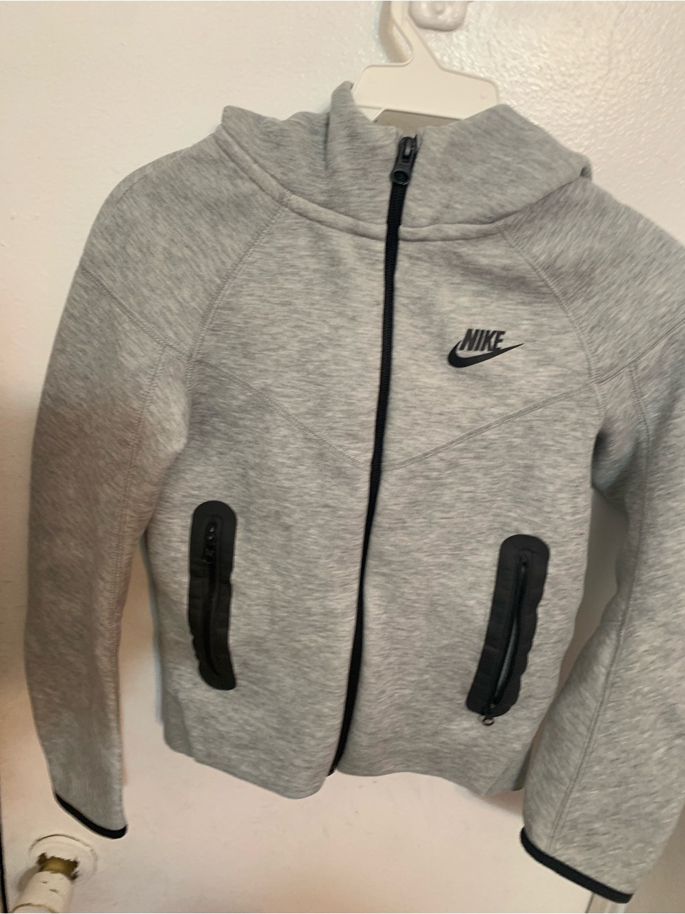Nike tech Light Gray Hoodie with Red Logo Patch